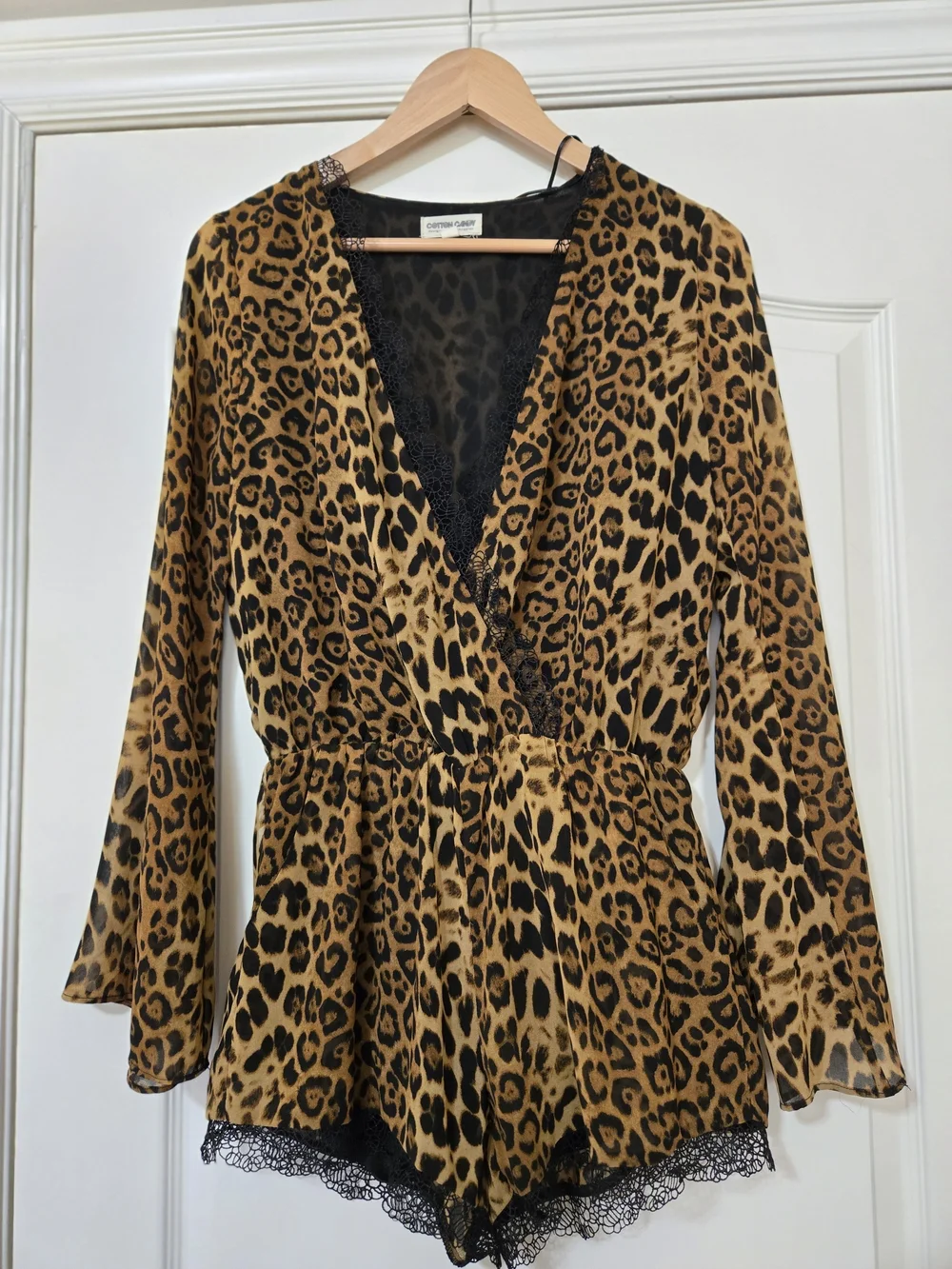 Cotton Candy Leopard-Print Lace Trim Romper in Brown and Black